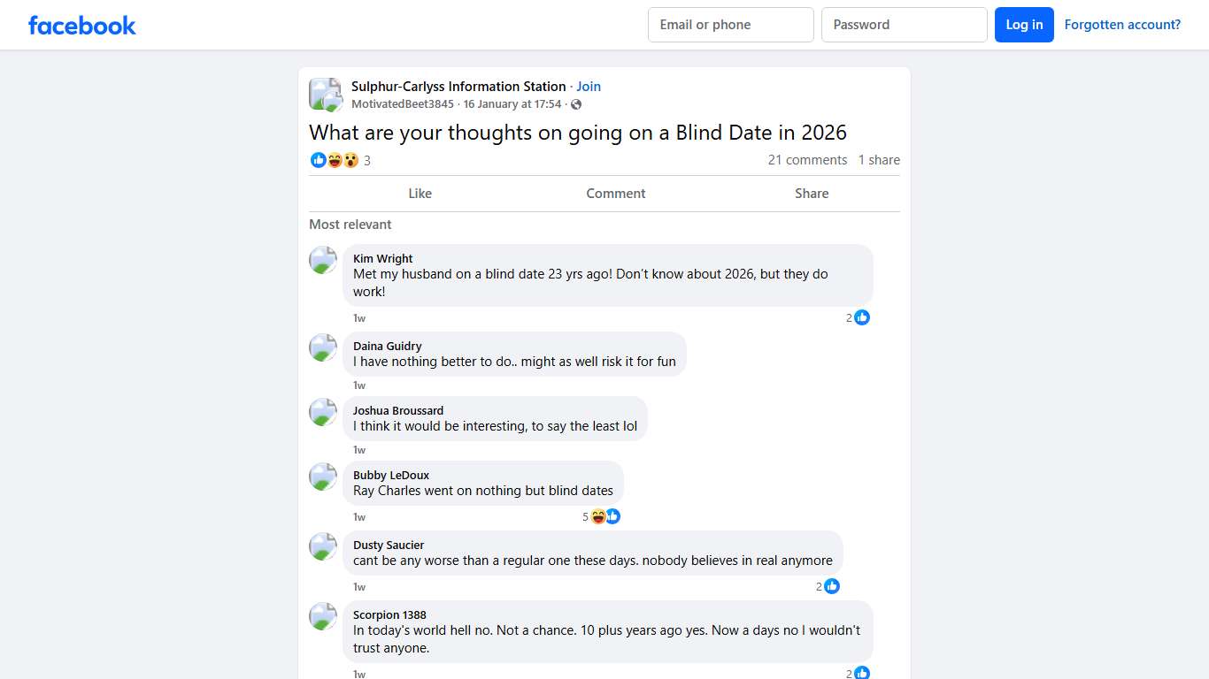 Sulphur-Carlyss Information Station What are your thoughts on going on a Blind Date in 2026 Facebook